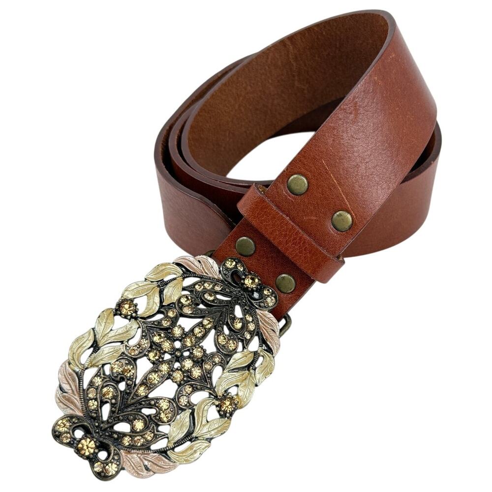 CAbi Floral Filigree Statement Buckle Leather Belt Brown Size M Boho Western